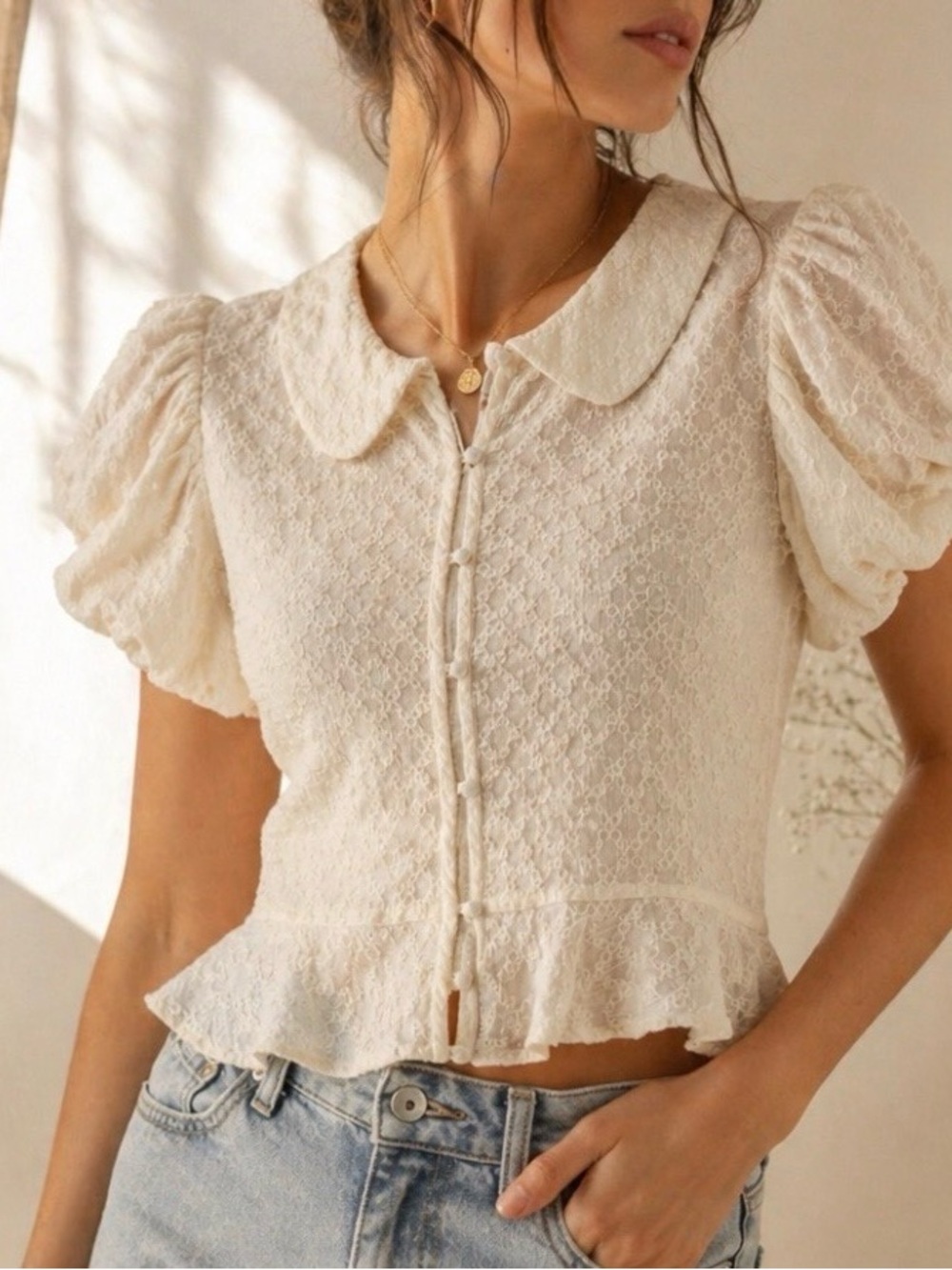 Anthropologie Ivory Textured Sheer Collar Blouse – Size M